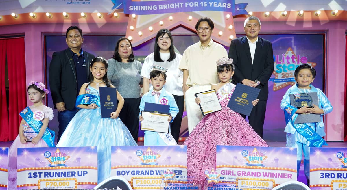 The 15th SM Little Stars crowns the 2024 winners (front): Boy Grand Winner Jaspher Baylon of SM City Trece Martires (center), Girl Grand Winner Erisha Lynn Alayon of SM City Bacolod (second from right), 1st Runner-Up Aliyah Brillante of SM City Lipa (second from left), 2nd Runner-Up Jan Ellaine Seares of SM City Bacoor (left), and 3rd Runner-Up Daniel Martin Marinas of SM City Tanza (right), with (L-R, back): National University (NU) Senior Director for Corporate Marketing and Communications Adolfo Aran Jr., Sparkle GMA Artist Center Assistant Vice President for Talent Recruitment and Development Jenny Donato, SM Supermalls' Assistant Vice President for Special Events and Tenant Marketing Hanna Carinna Sy, President Steven Tan, and Executive Vice President Jonjon San Agustin.